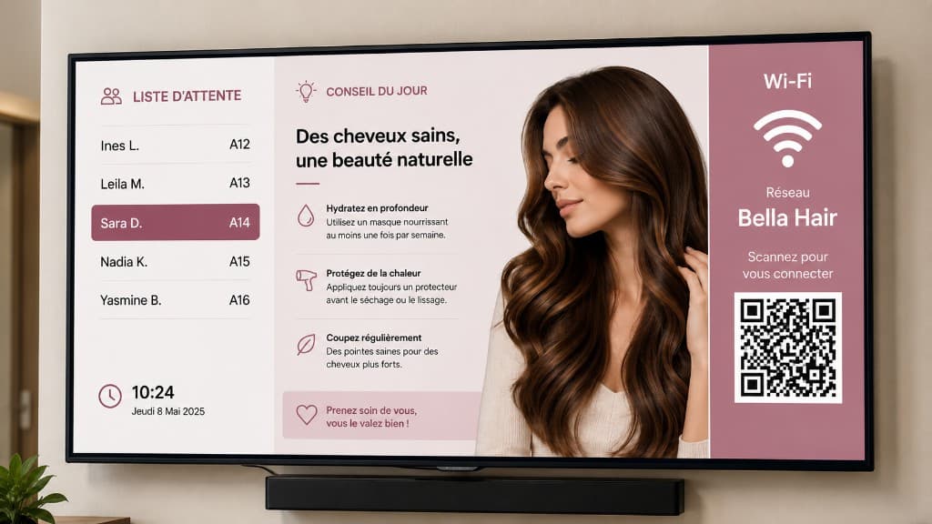 Salon waiting TV with live queue, tip of the day, and free WiFi